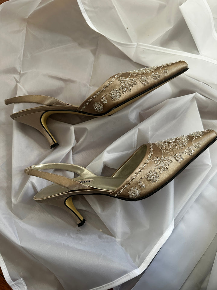 Caparros Champagne Satin Beaded Slingback Heels Wedding Evening Bridal