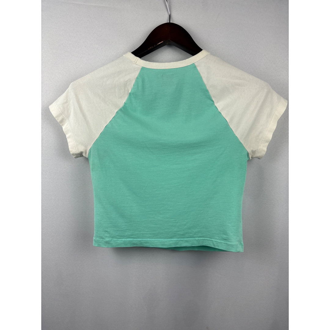 Women’s Pink Small Aqua & White Short Sleeve Crop Top