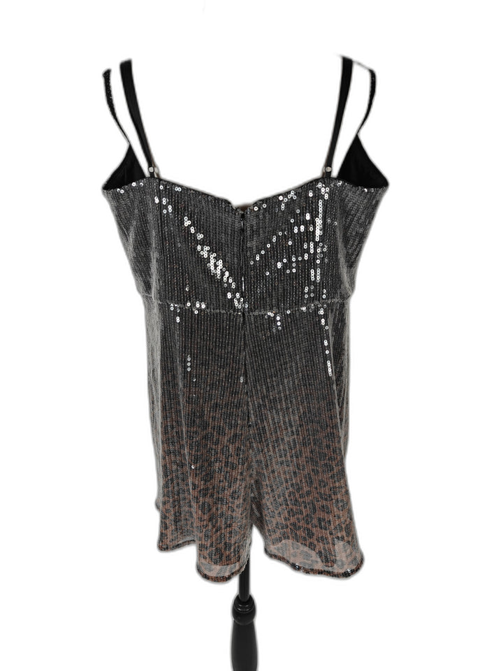 Women Hutch Sequin Romper Black Animal Print XL