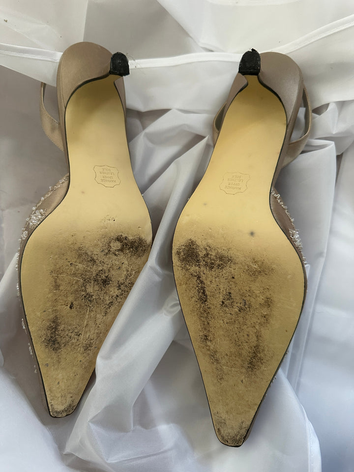 Caparros Champagne Satin Beaded Slingback Heels Wedding Evening Bridal