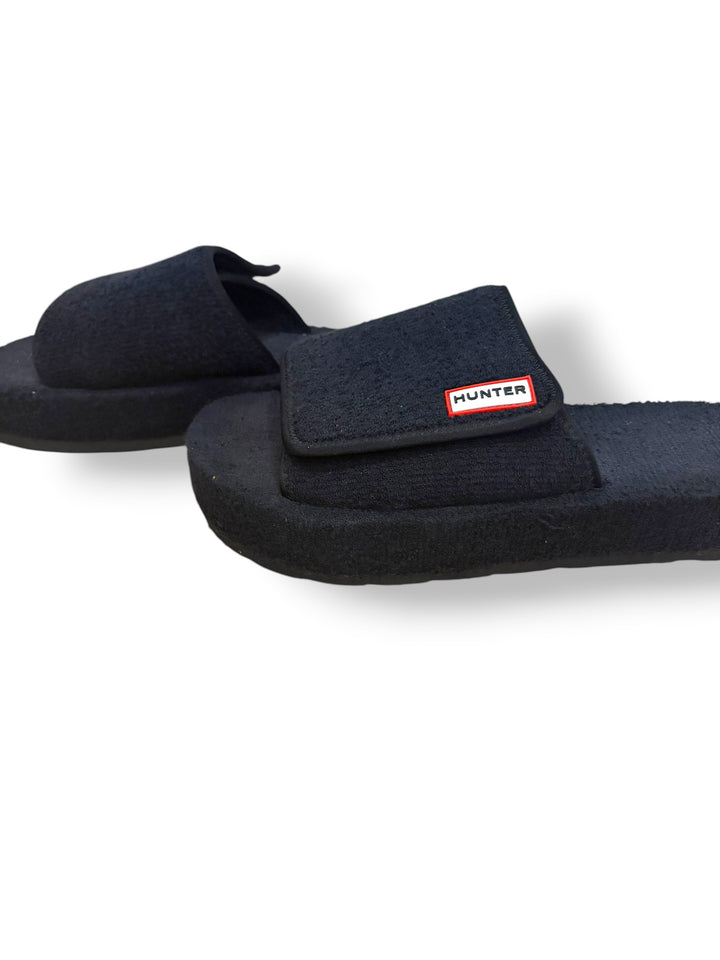 Hunter Black Fuzzy Velcro Slide Slippers Logo Comfort Sandals Women’s Size 10