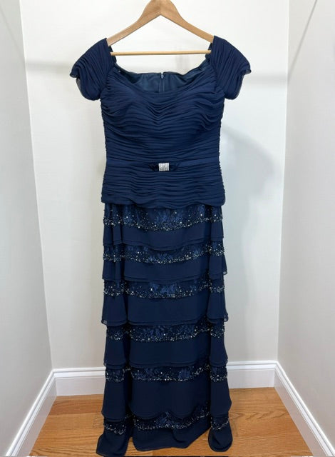 Daymor Couture Formal Gown Navy Ruched Bodice &amp; Beaded Tiered Skirt Sz8 Retail $2000+