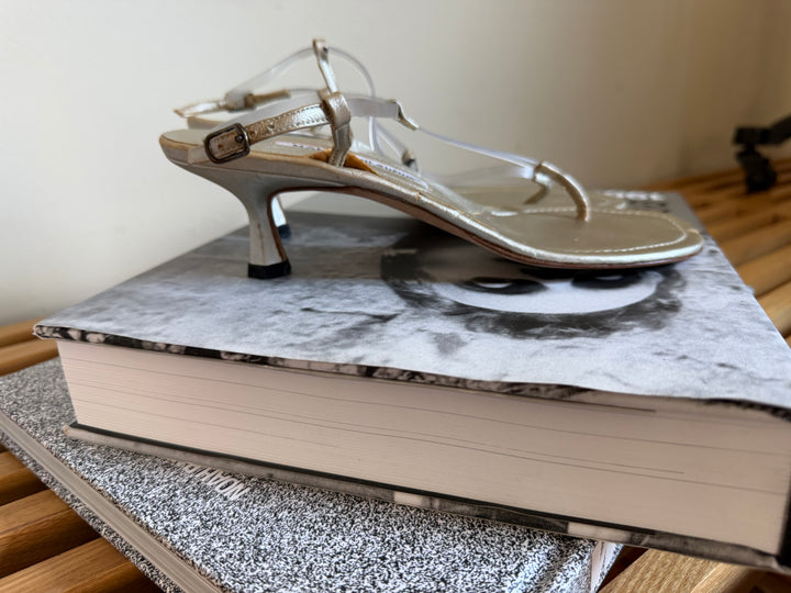 Vintage Manolo Blahnik Metallic Silver PVC Kitten Heel Sandals Size 37
