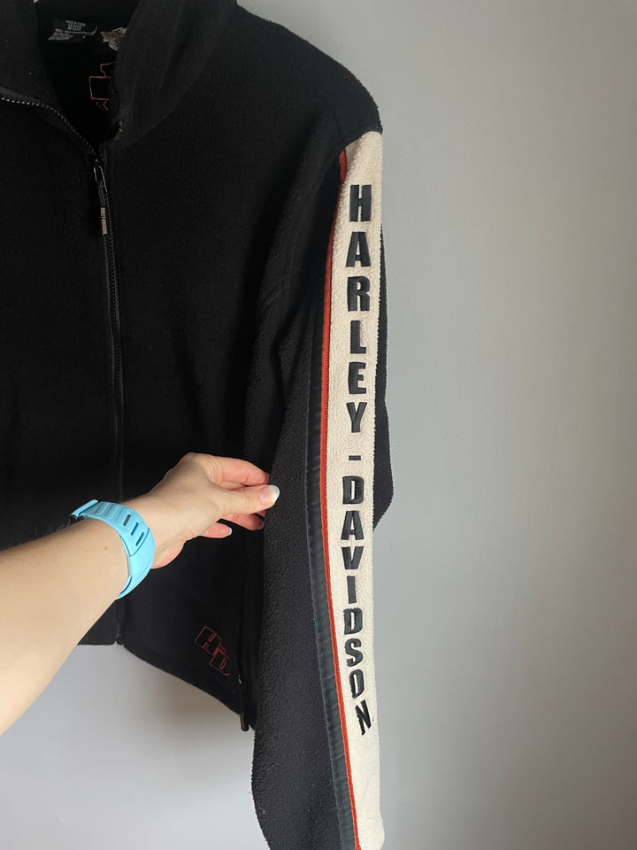 Harley Davidson Black Fleece Jacket Full Zip Sleeve Stripe Logo Size XL