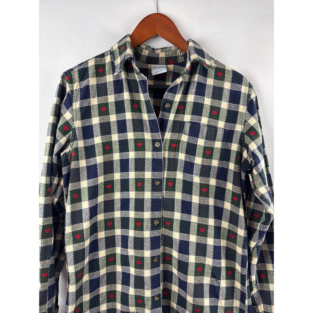 Cascade Blues Womens S Plaid Heart Button-Up Shirt 100% Cotton