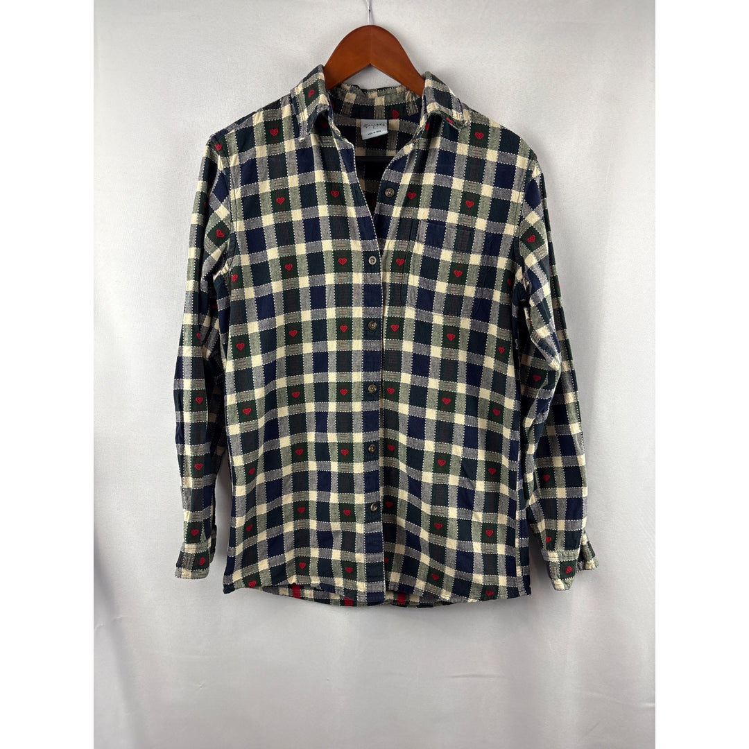 Cascade Blues Womens S Plaid Heart Button-Up Shirt 100% Cotton