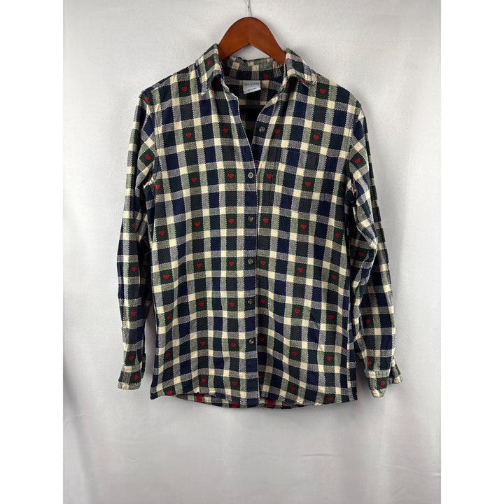 Cascade Blues Womens S Plaid Heart Button-Up Shirt 100% Cotton