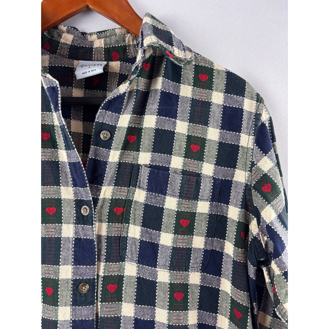 Cascade Blues Womens S Plaid Heart Button-Up Shirt 100% Cotton