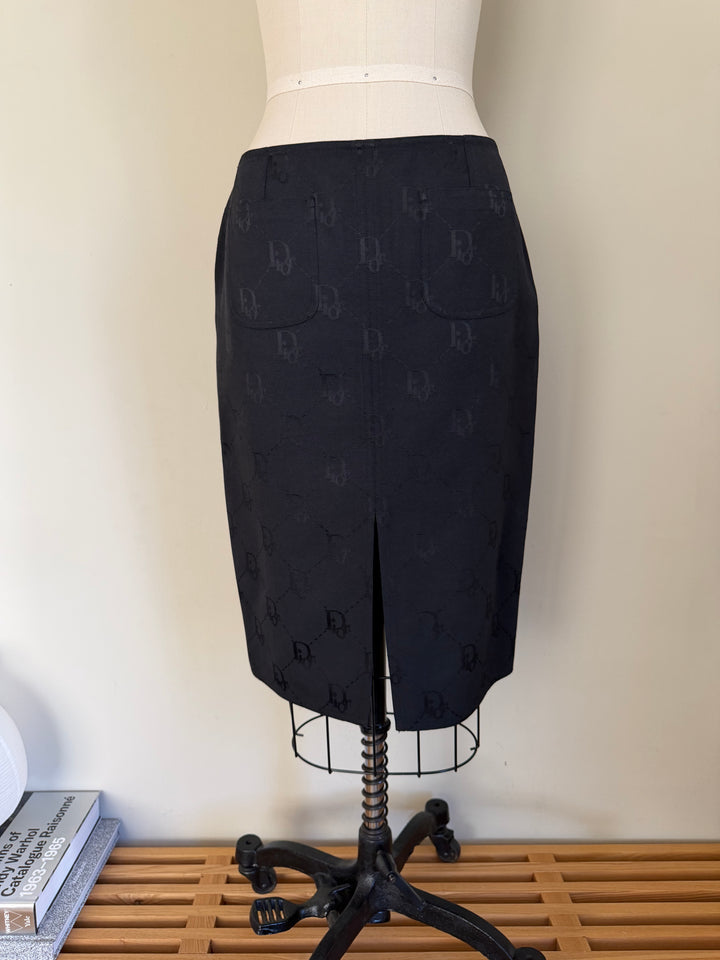 Vintage Christian Dior by John Galliano Black Trotter Monogram Jacquard Pencil Skirt