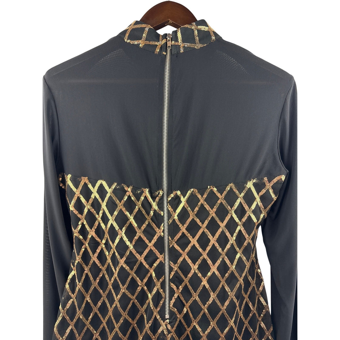 Women’s Reaqka XL Black Mesh Long Sleeve Mockturtleneck Dress w/ Gold Sequins