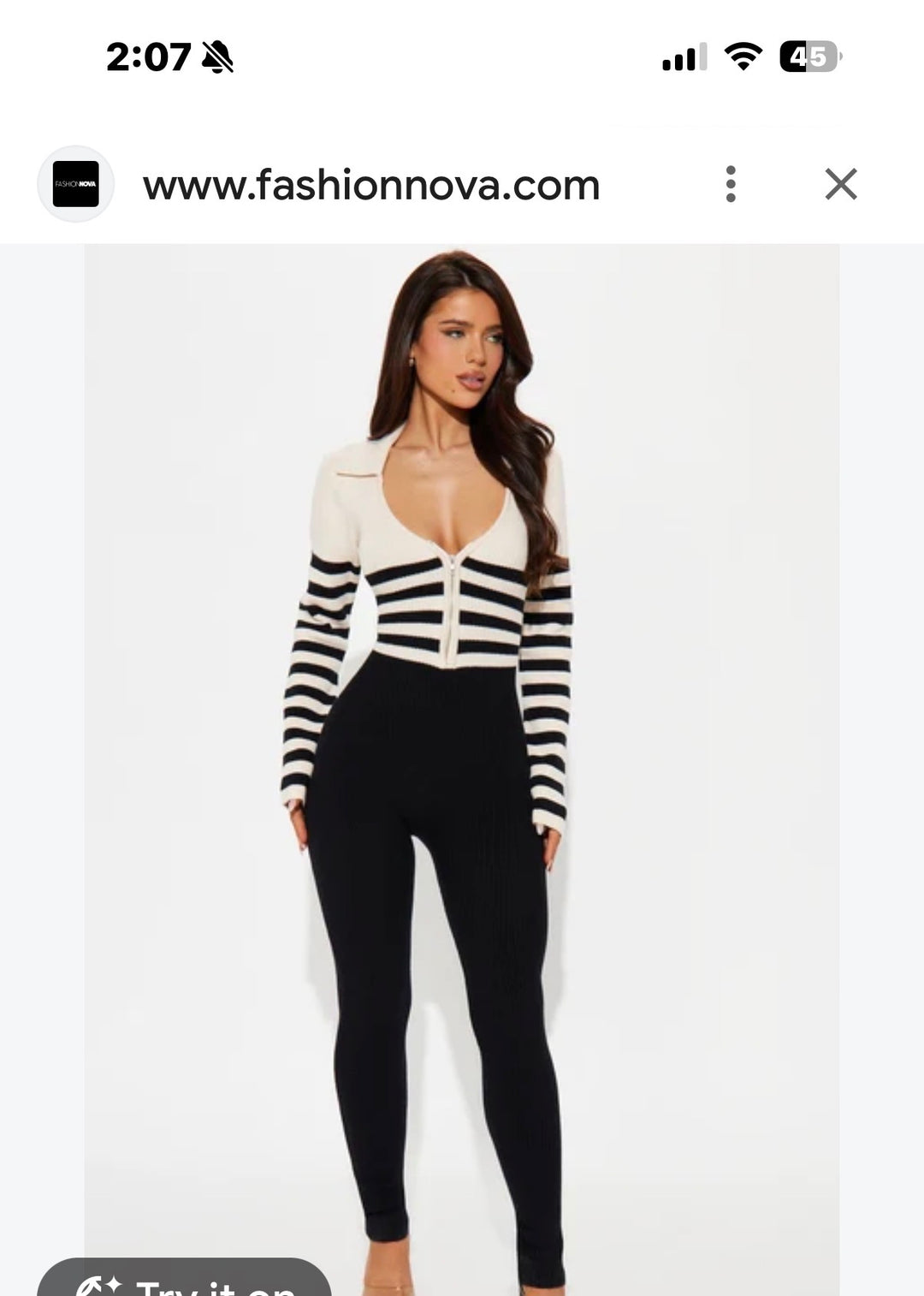 Fashion Nova Black Cream Striped Ribbed Knit Zip Front Jumpsuit Size Medium