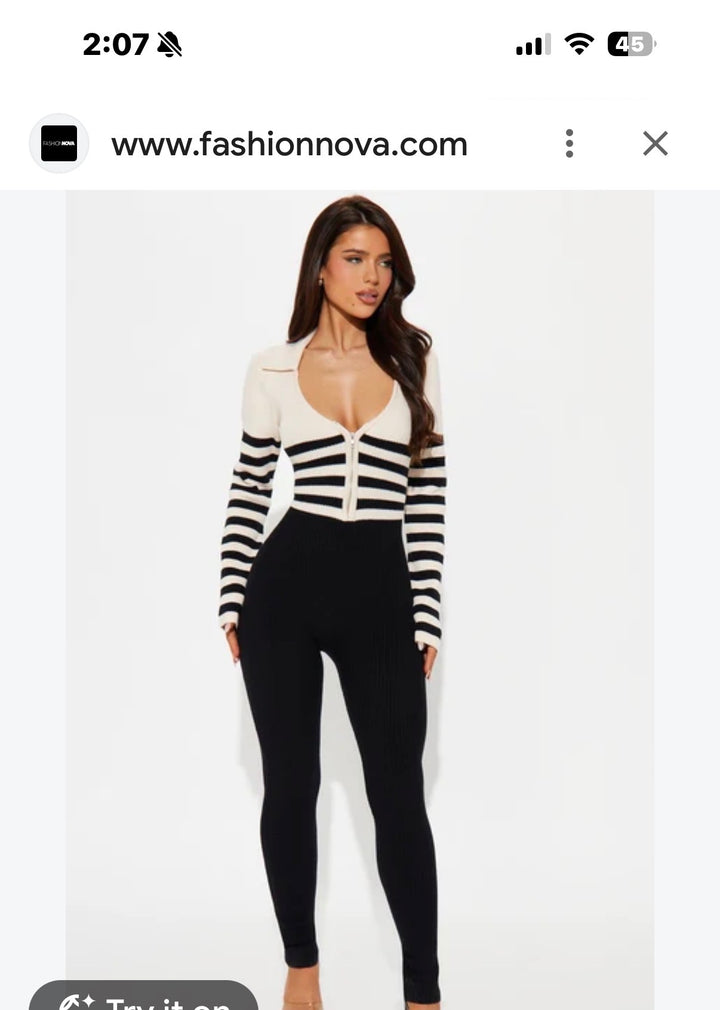 Fashion Nova Black Cream Striped Ribbed Knit Zip Front Jumpsuit Size Medium