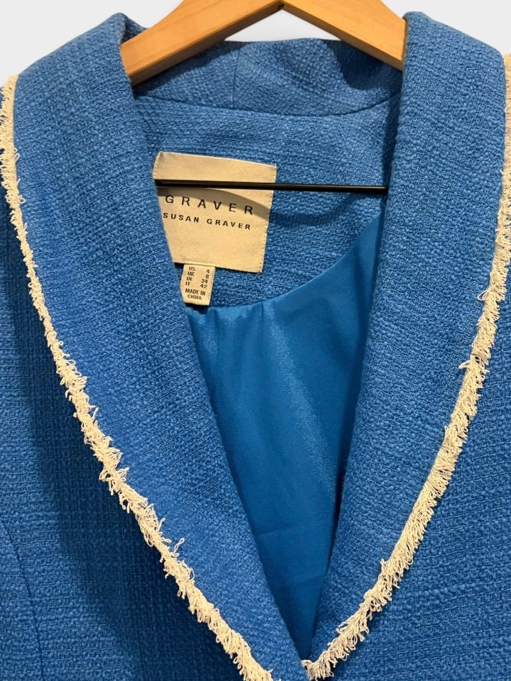 Susan Graver Royal Blue Tweed Blazer Jacket Size 4 Gold Buttons Quiet Luxury