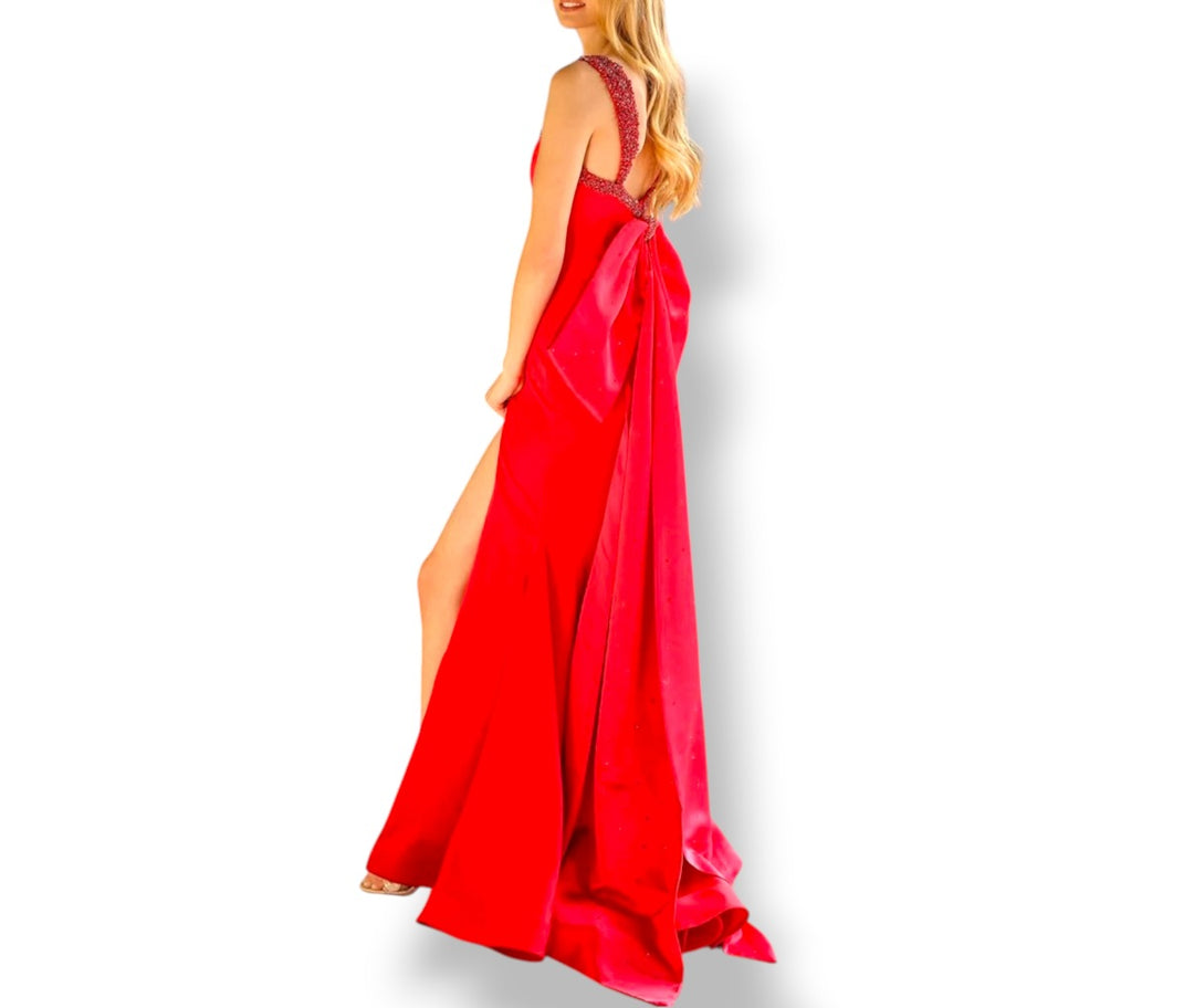 Ava Presley 29121 Red Satin Beaded Mermaid Prom Evening Gown Size 10 Bow Train