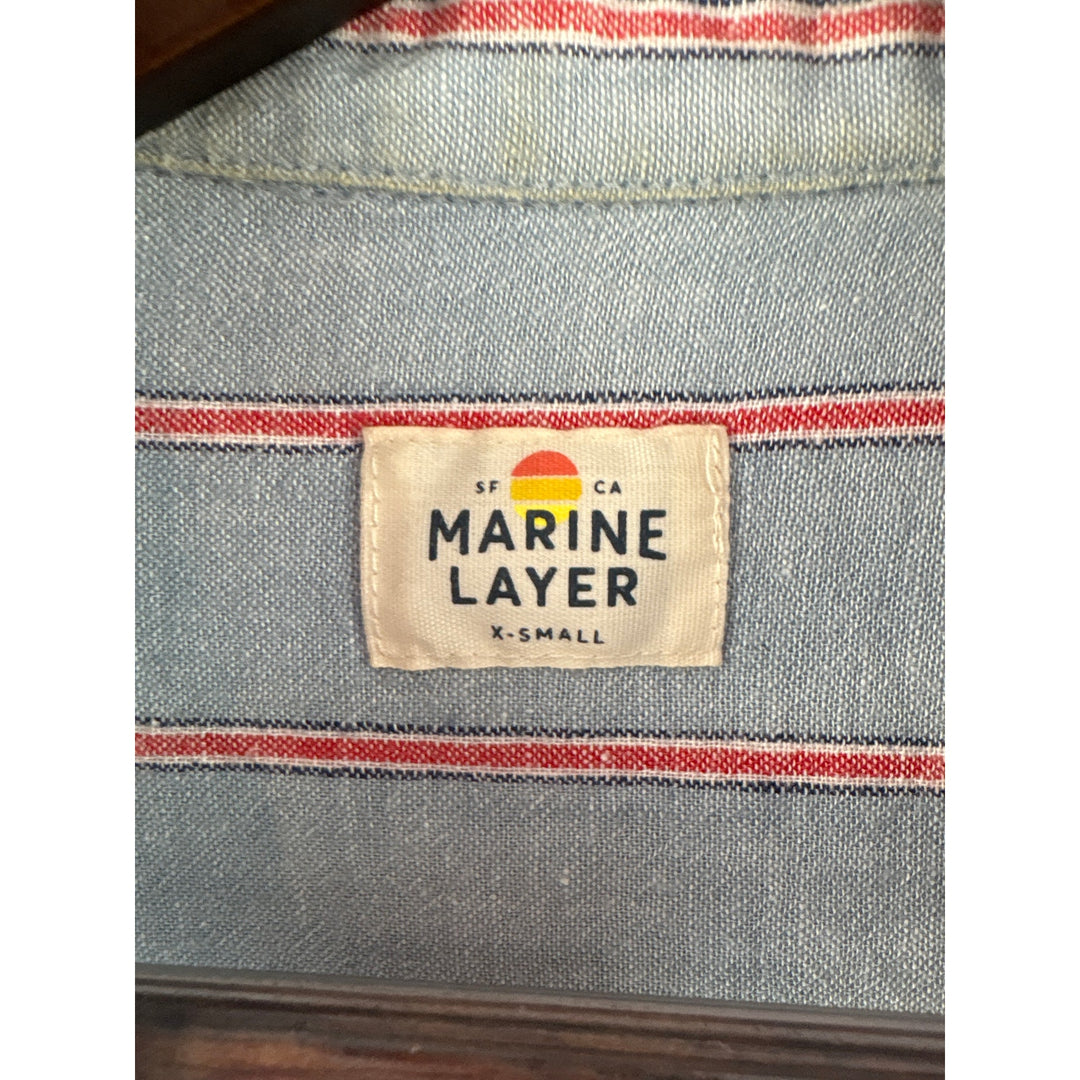 Women’s Marine Layer XS Light Blue w/ Red Stripes Short Sleeve Button Up