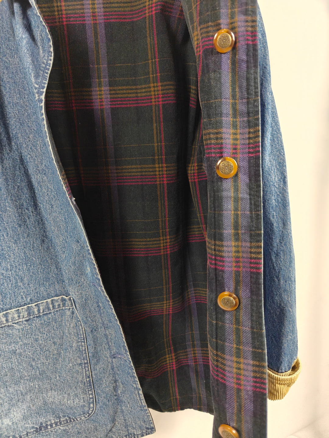Nordstrom Vintage Blue Denim Jacket Women Corduroy Collar Plaid Lined Medium