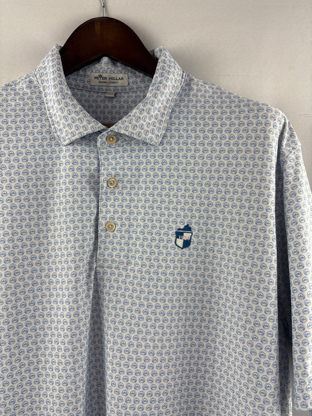 Men’s Peter Millar XL White &amp; Light Blue Patterned Golf Polo