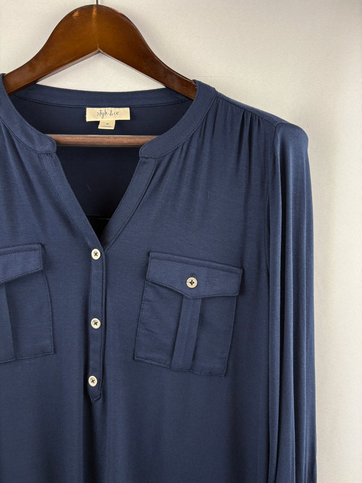 Women’s Style&Co Medium Navy Blue Half Button Blouse