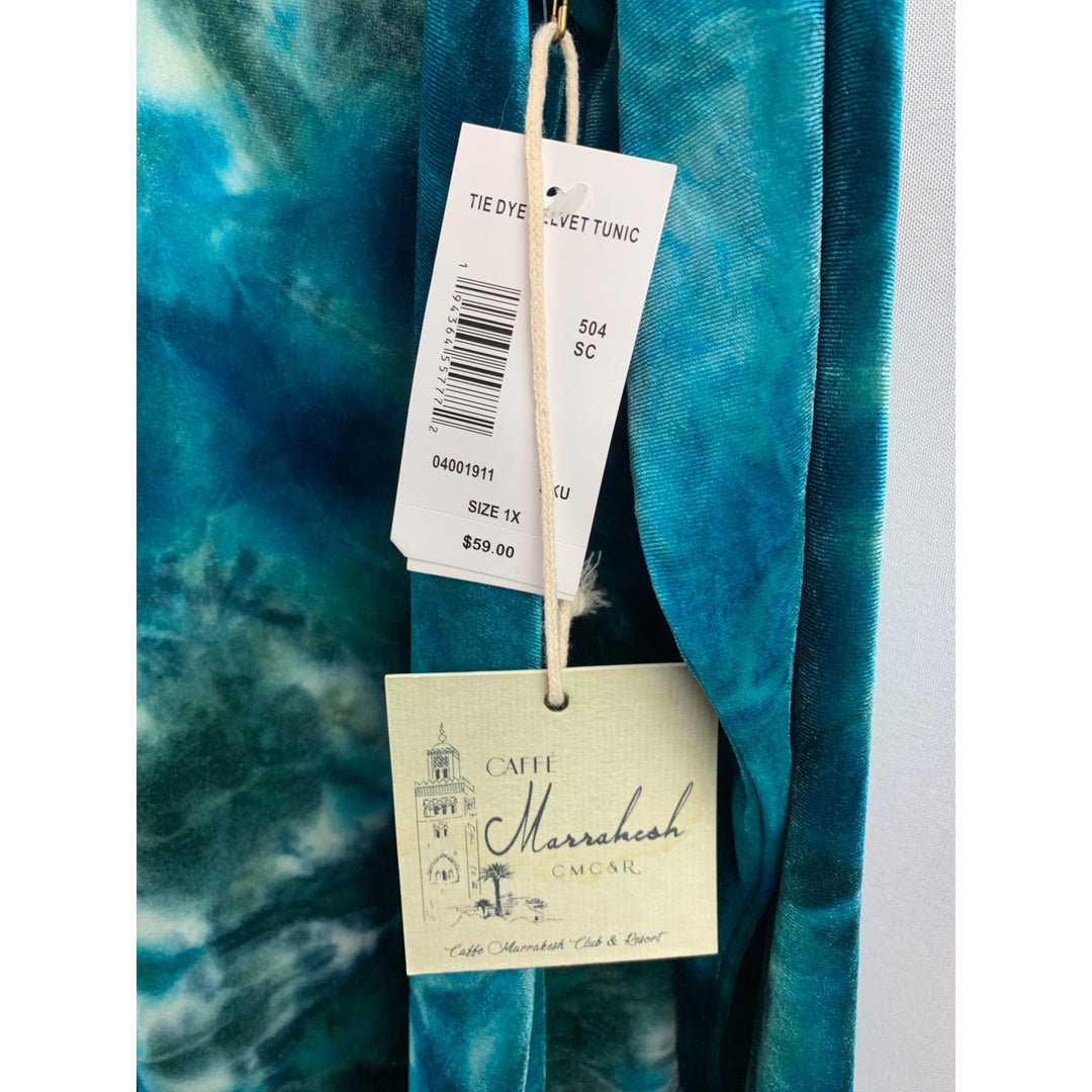 Women’s Cafe Marrakesh Blue Tie Dye Velvet Tunic Size 1X