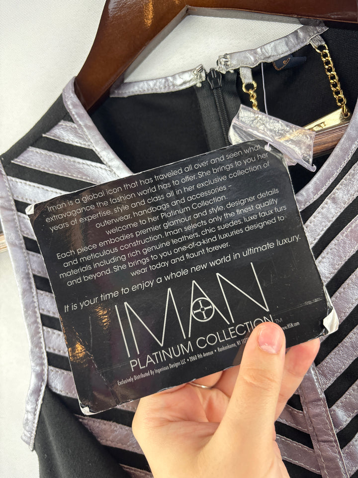Women’s IMAN Small Sleeveless Black &amp; Sliver Patterned Dress