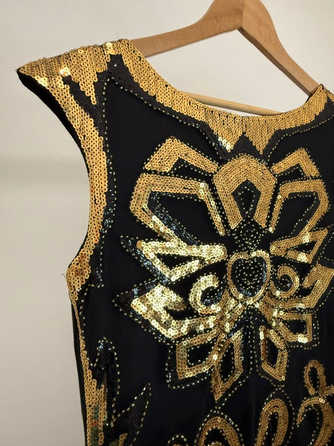 Metme Sequin Beaded Tulle Maxi Dress Black Gold XL
