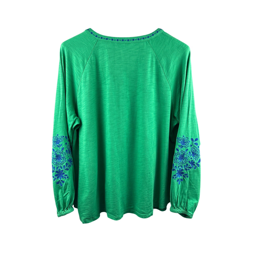 Women’s Belle by Kim Gravel Size 1X Green Long Sleeve Blouse w/ Blue Embroidery