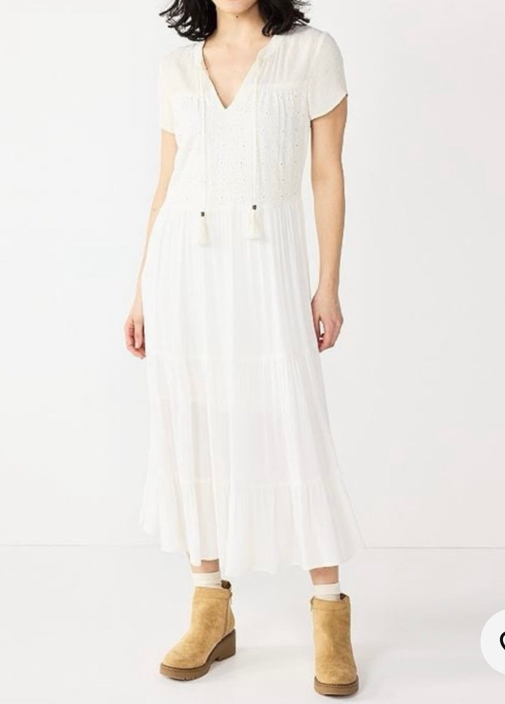 Sonoma White Eyelet Tiered Maxi Dress Tassels NWT Sz0X /(12-14)