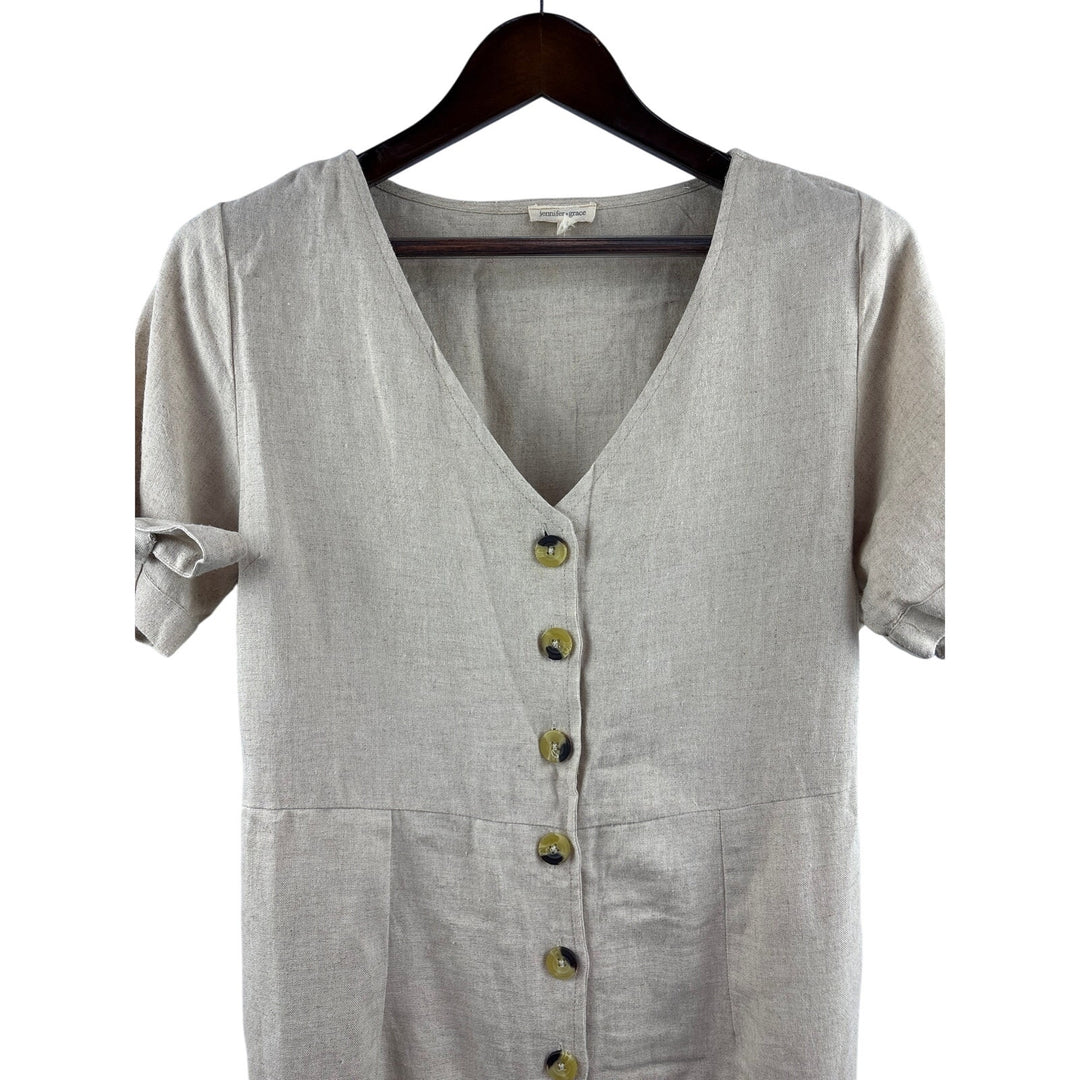 Women’s Jennifer & Grace Large Tan Button Up Short Sleeve Midi Dress