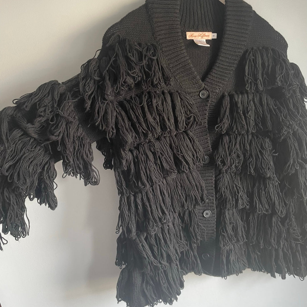 Mara Hoffman Black Chunky Fringe Cardigan Alpaca Blend Boho Bohemian size Small