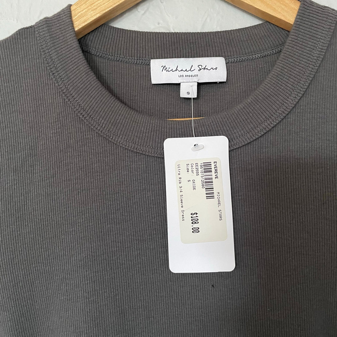 Michael Stars Grey Oxide 3/4 Sleeve Ruched Bodycon T-shirt Dress Crewneck sz S