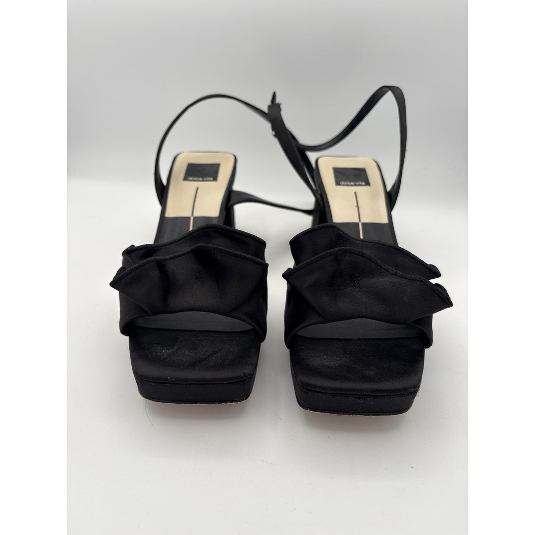 Women’s Dolce Vita Size 7.5 Black Silk Ruffled Strappy Block Heels
