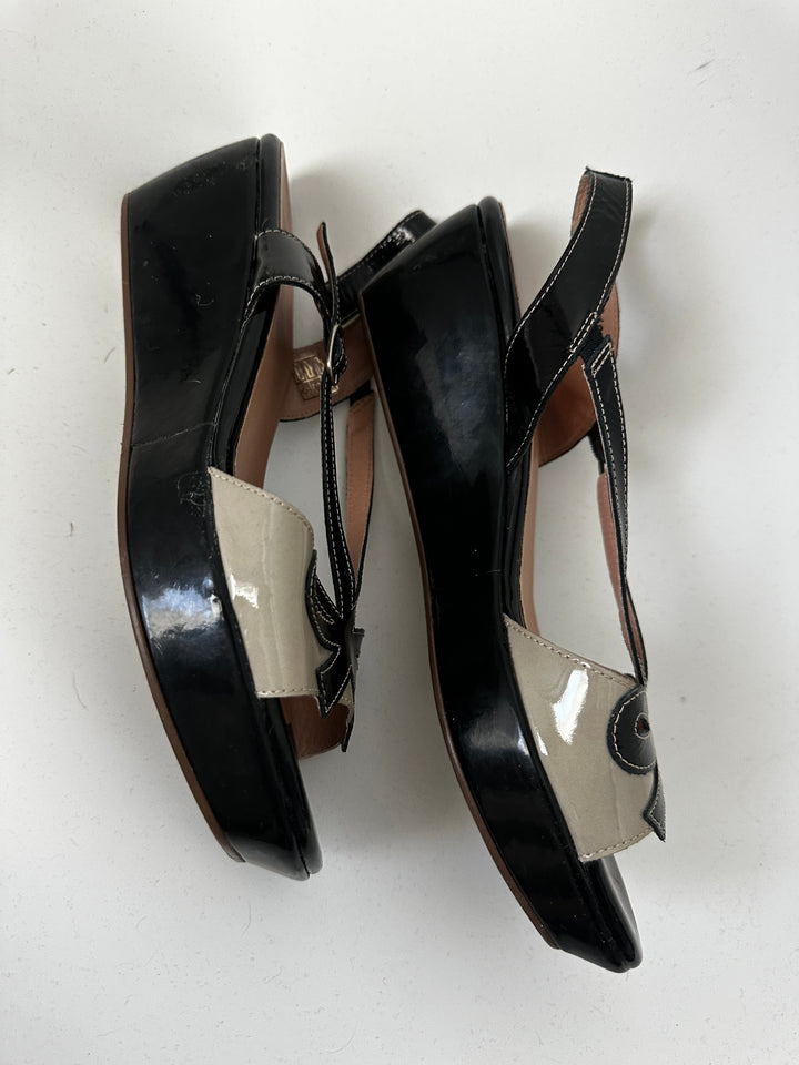 Wonders Black Patent Leather &amp; Cream Wedge Slingback Sandals EU 41