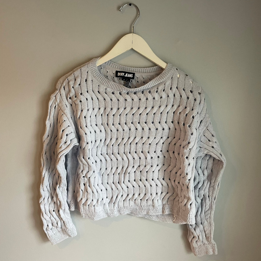 DKNY Light Blue Sparkle Crew Neck Open Knit Boxy Y2K Sweater size Medium