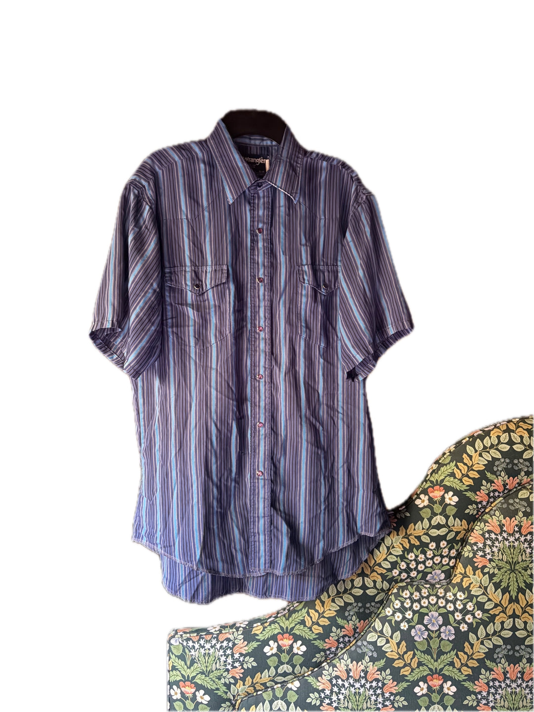 Wrangler Cowboy Cut Blue Striped Western Short Sleeve Pearl Snap Shirt