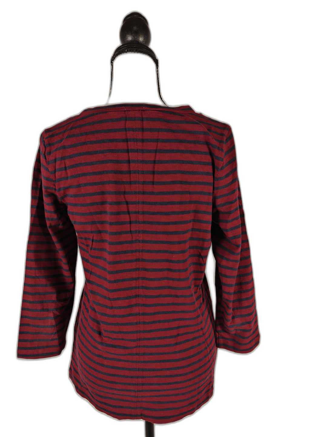 Women’s, J.Crew, Jeweled-Neck Striped 3/4-Sleeve Top, Burgundy/Navy, Small