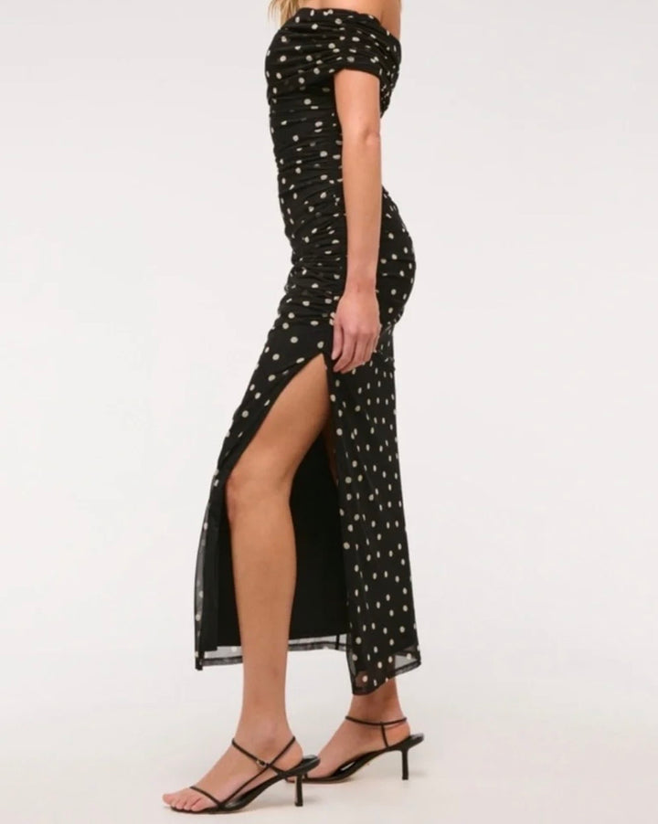 Abercrombie &amp; Fitch Women’s Mesh Draped off the Shoulder Maxi Dress Women’s Size Medium Black Polka Dot NEW!!
