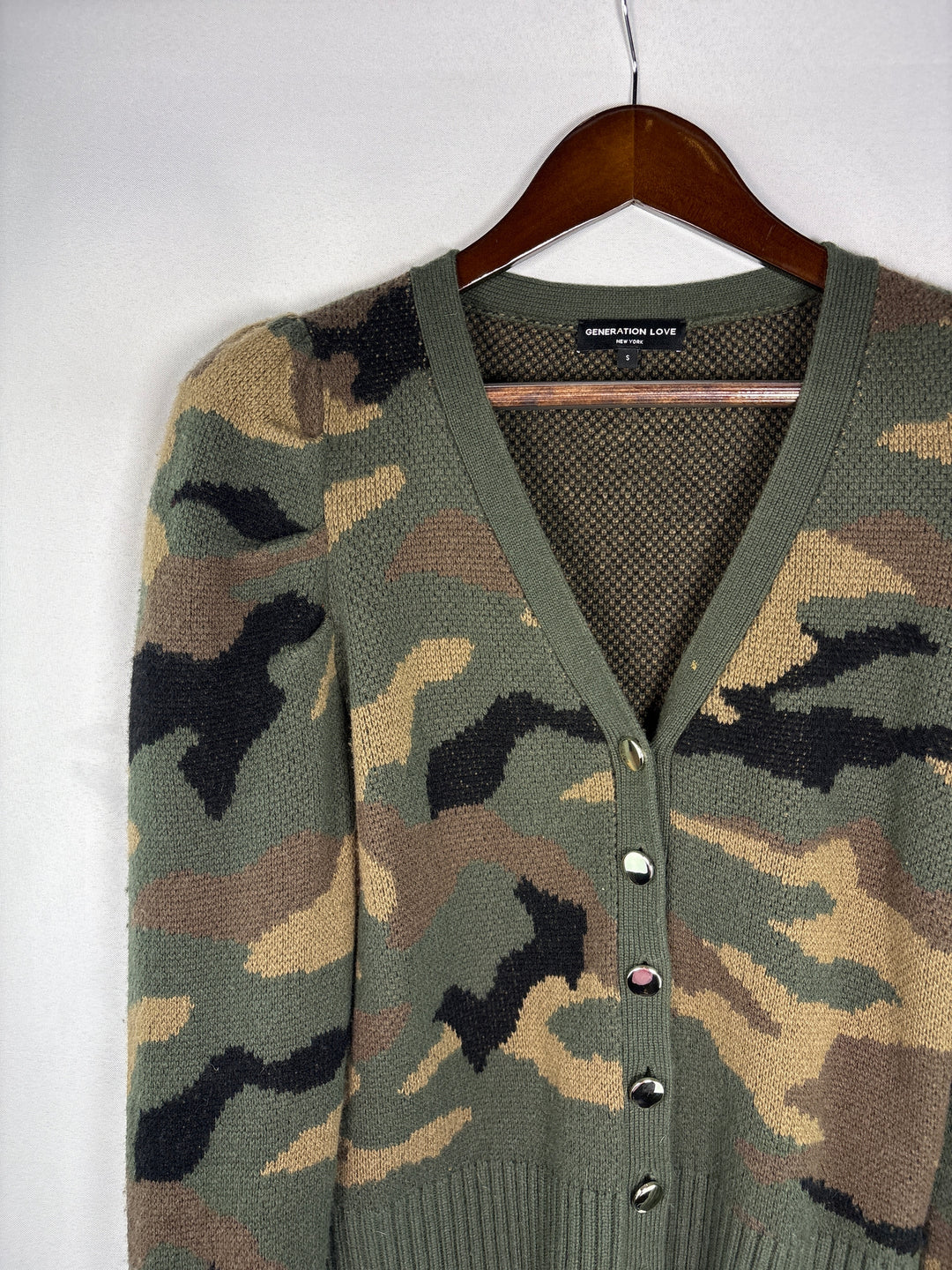 Womens Generation Love Green Camo Wool Blend Cardigan Small