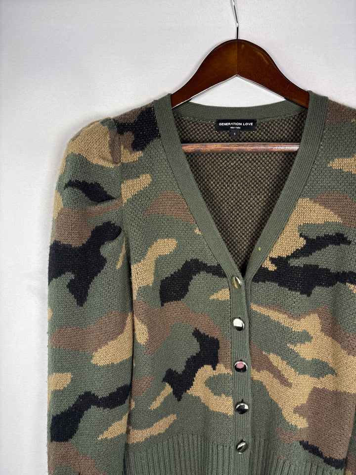 Womens Generation Love Green Camo Wool Blend Cardigan Small