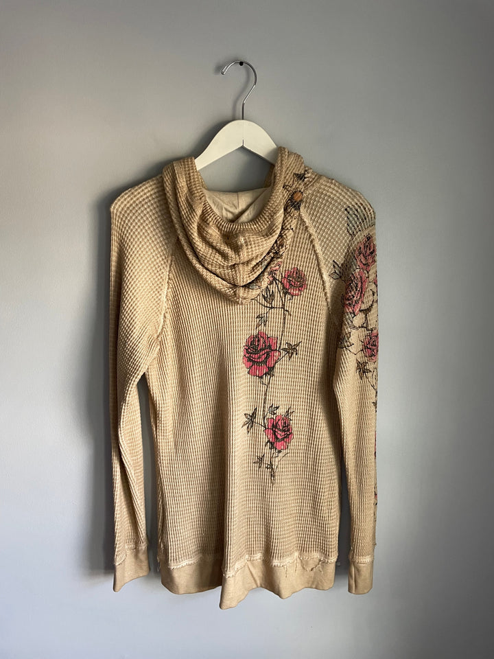Womens Harley Davidson Y2K Cream Waffle Hooded Cardigan Floral Size L