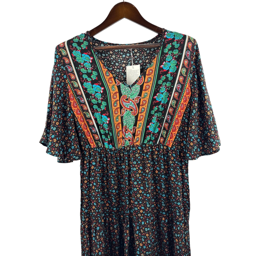 Women’s Kirundo Large Black w/ Multicolor Florals & Paisley Patterns Maxi Dress