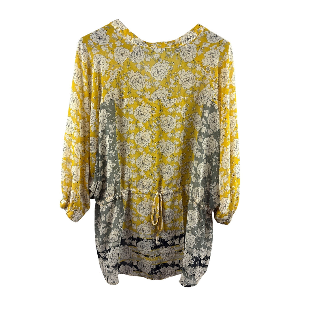 Women’s Cabi XL Yellow Long Sleeve Blouse w/ White & Black Florals