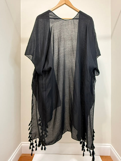 Black Sheer Tassel Kimono Beach Swim Cover Up One Size