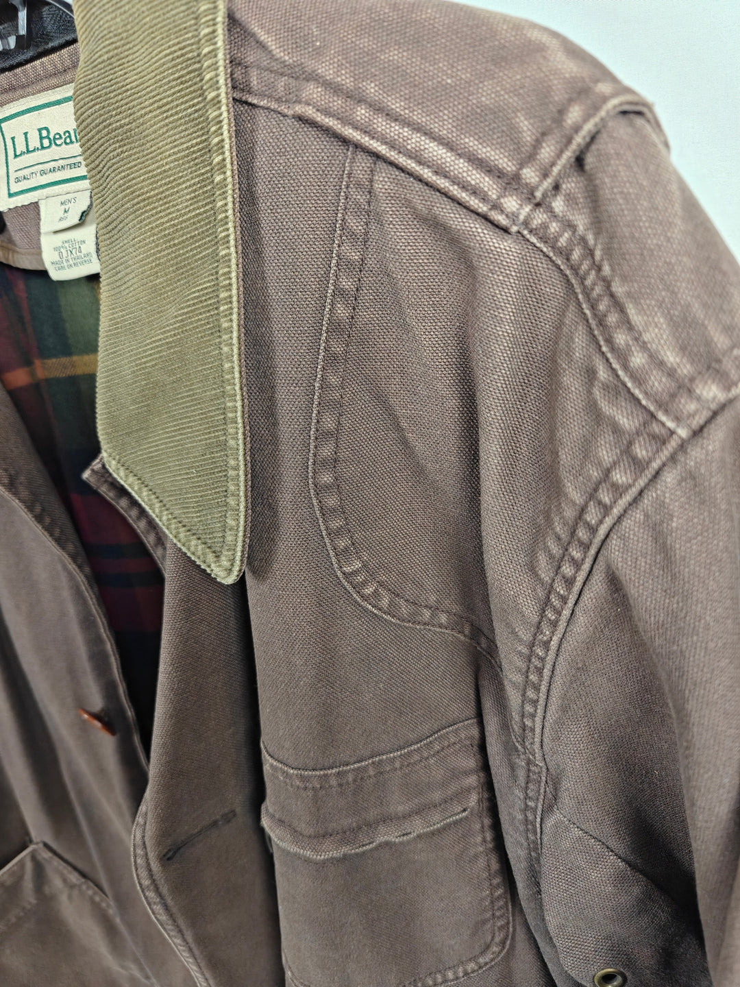 LL Bean Mens Brown Barn Coat With Corduroy Collar And Plaid Lining Size Medium