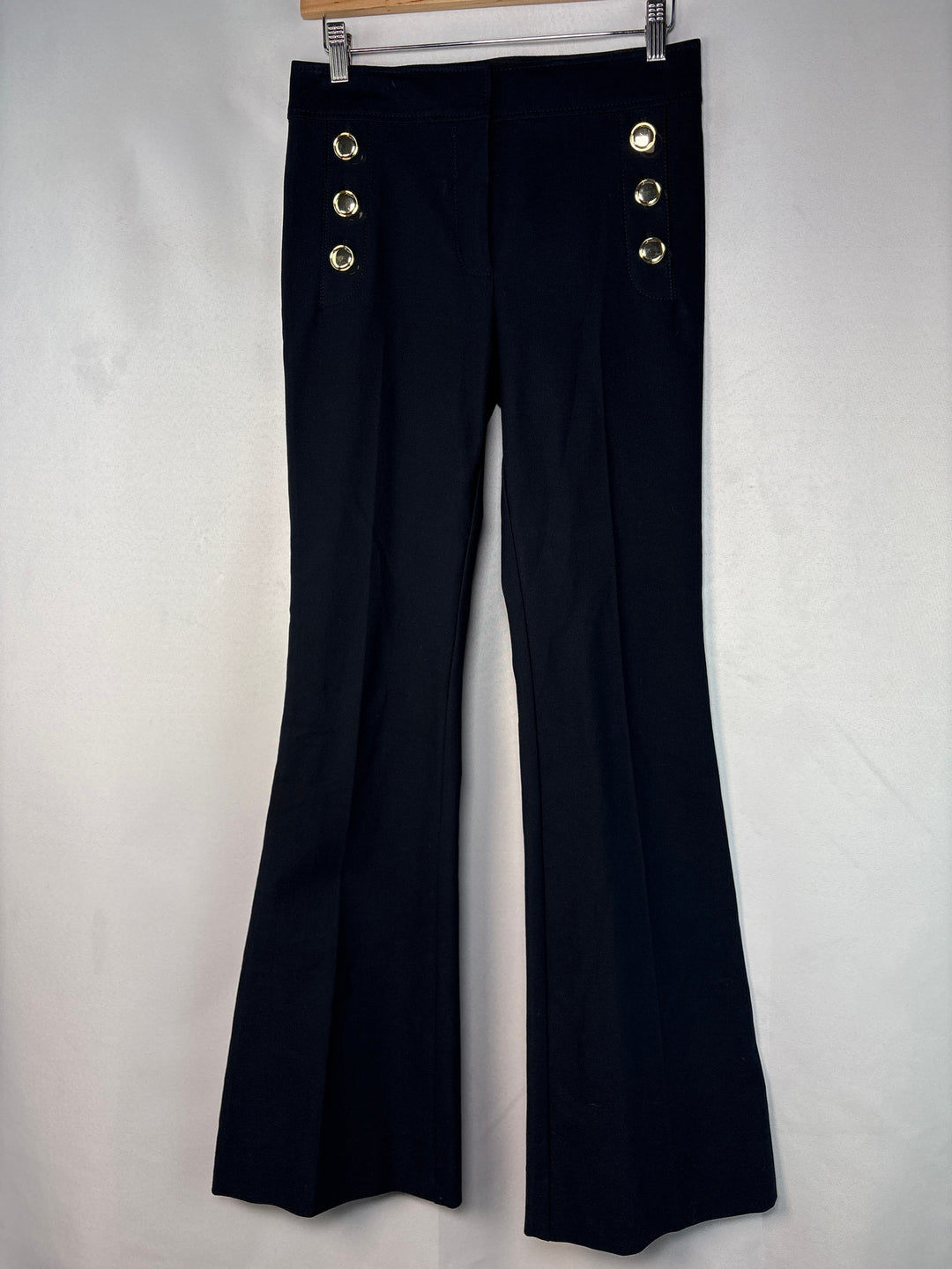 Women Derek Lam 10 Crosby Navy Pleated Pants Size 4 Stretch Gold Buttons