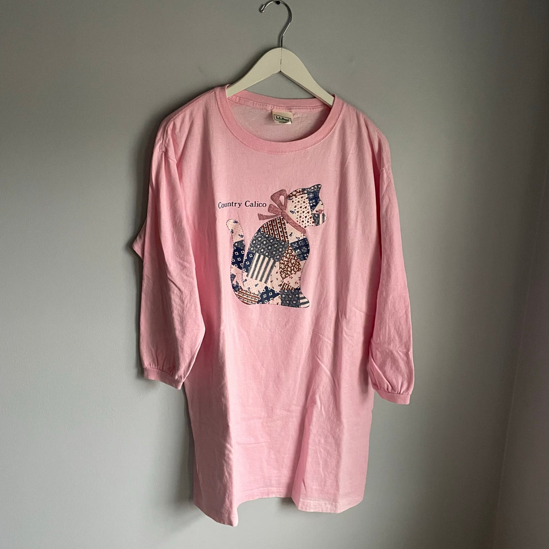 Vintage L.L. Bean Pink T-shirt Dress Country Calico Cat Patchwork Cottage sz S