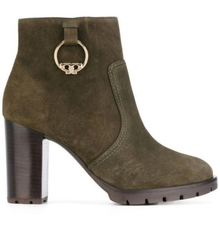 Tory Burch Sofia Lug Sole Suede Booties Dark Boxwood Green Sz10