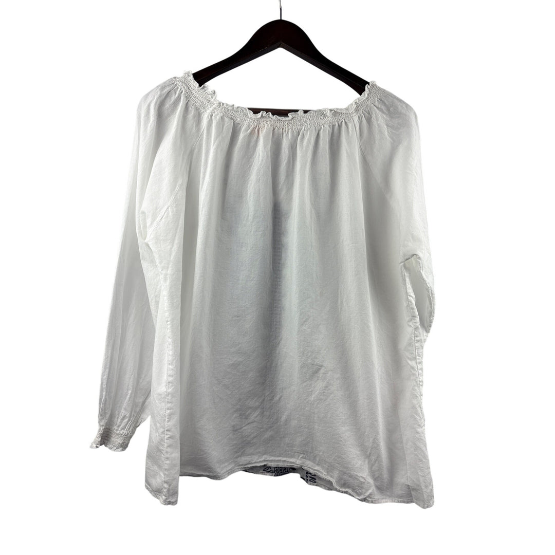 Women’s NorthCrest Size 14/16 White Long Sleeve Blouse w/ Navy Embroidery