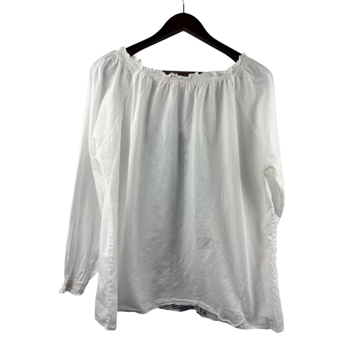 Women’s NorthCrest Size 14/16 White Long Sleeve Blouse w/ Navy Embroidery