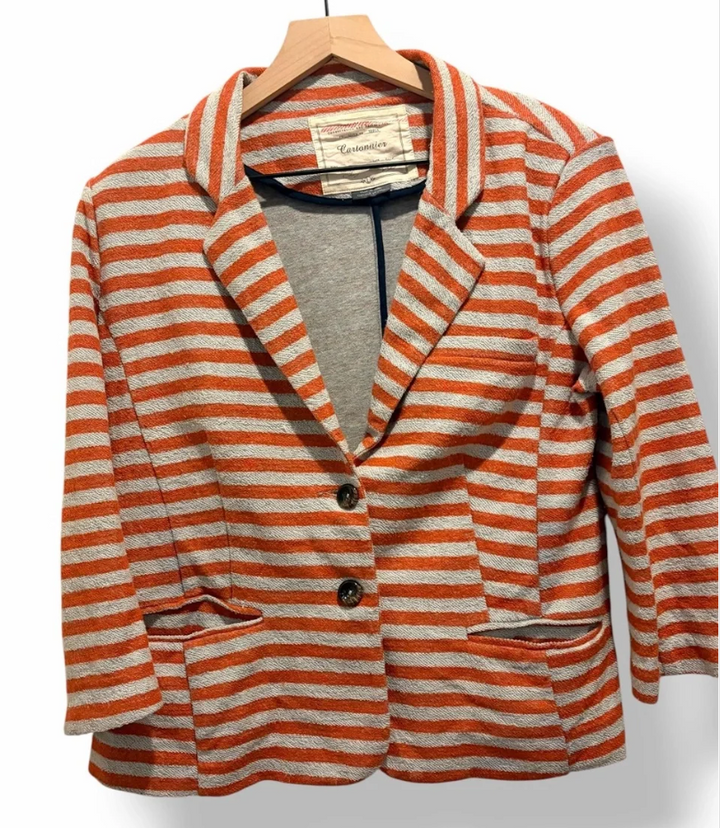 Anthropologie Cartonnier Orange White Striped Knit Blazer Jacket Size Large