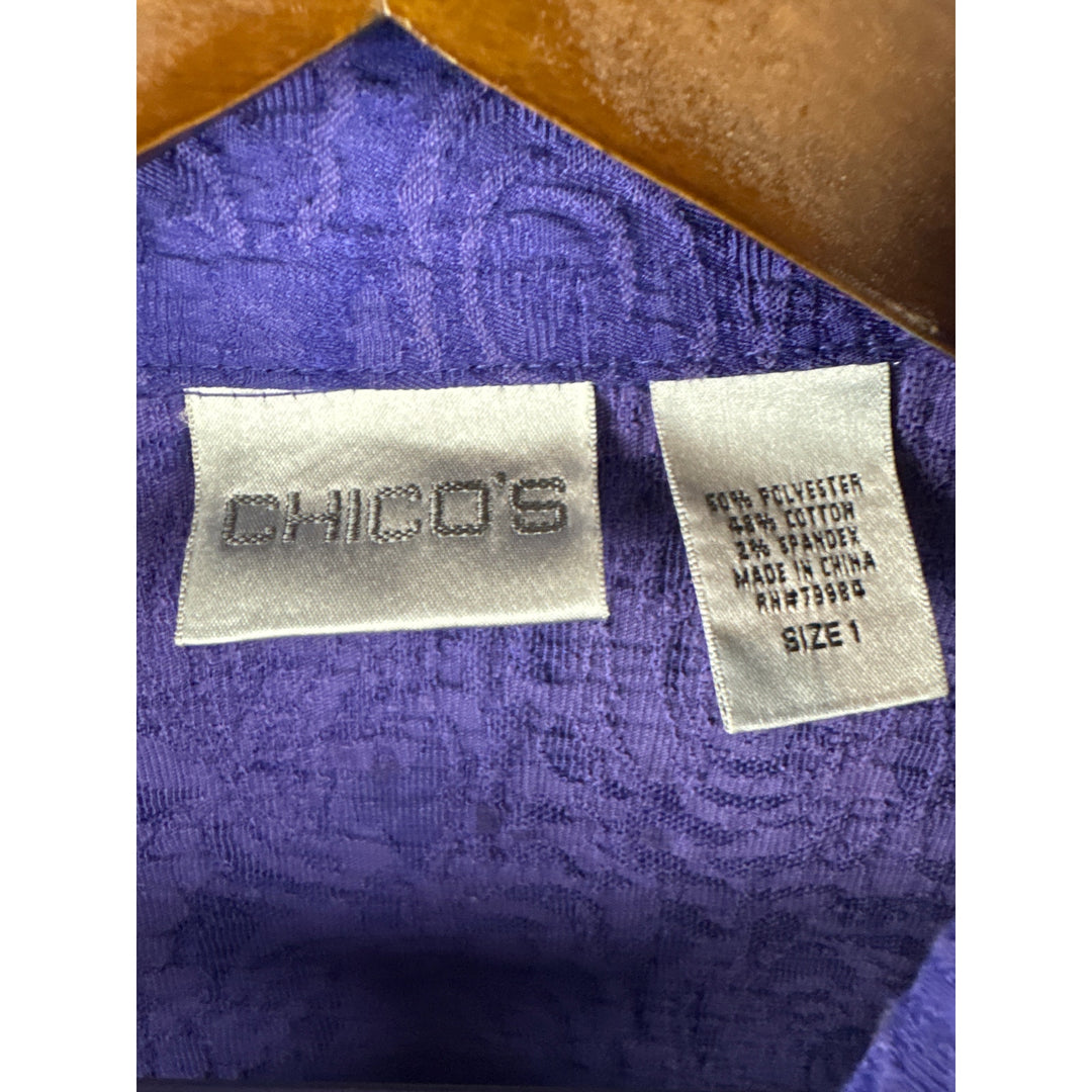 Women’s Chico’s Size 1 Royal Purple Rose Patterned Button Up